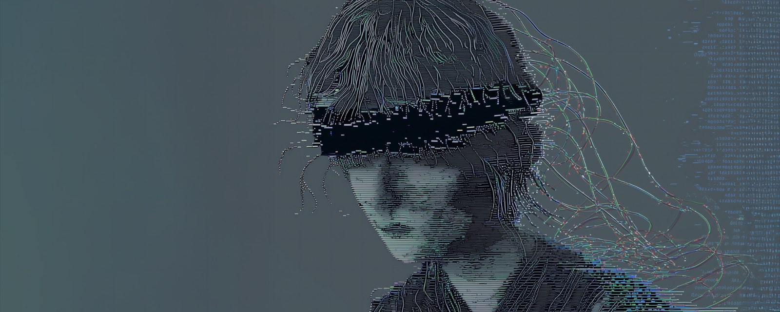 Neuromancer artwork: a figure with a band of data across the eyes
